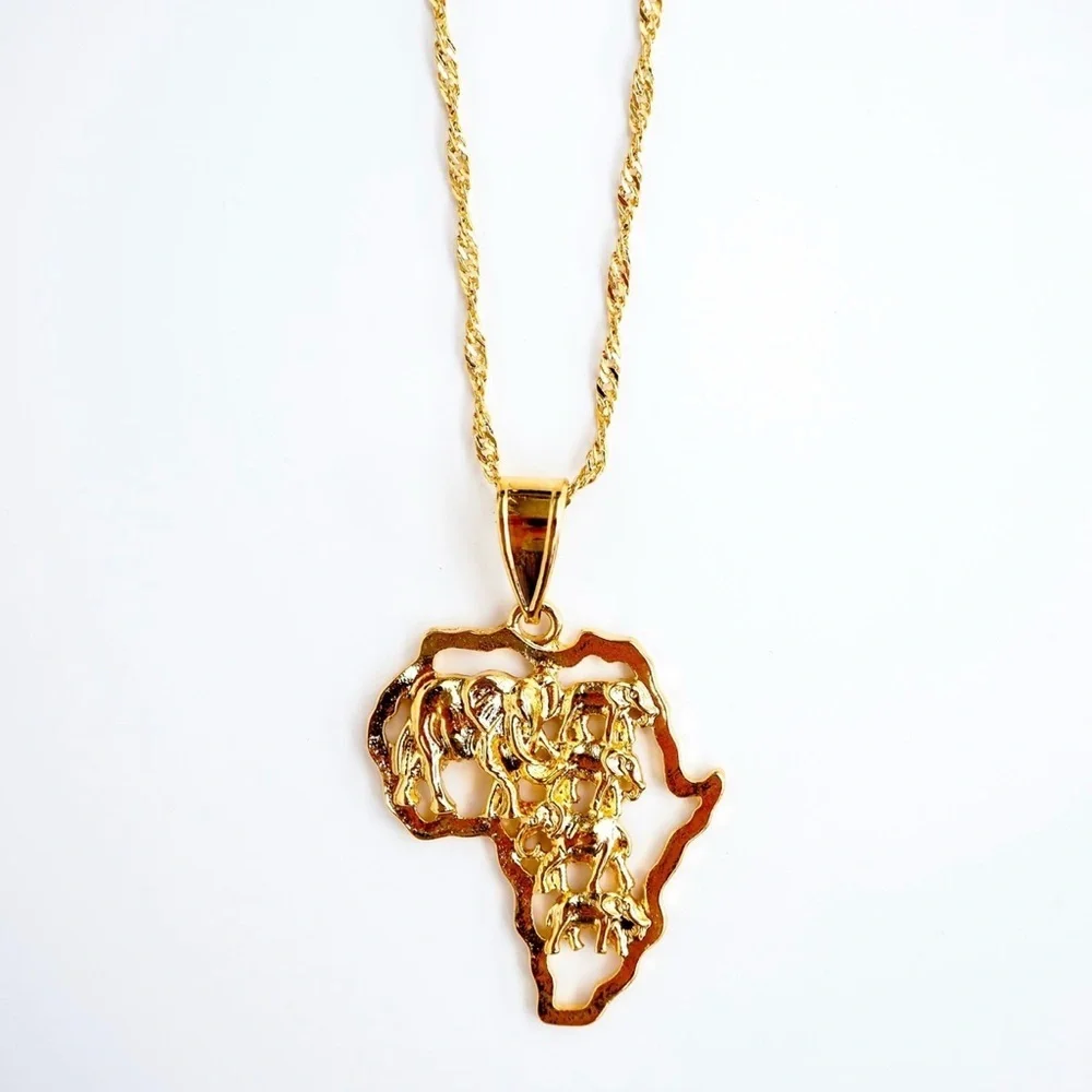 Gold Africa Pendant Necklace, Africa elephant necklace